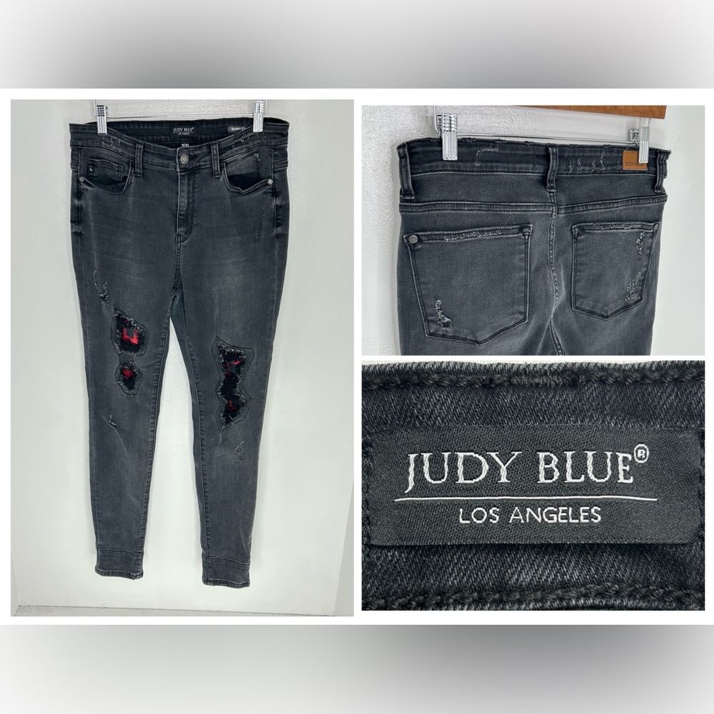 Judy Blue Skinny Fit Buffalo Plaid Jeans Size 11/30 Black‎ Stretch Denim 31x30